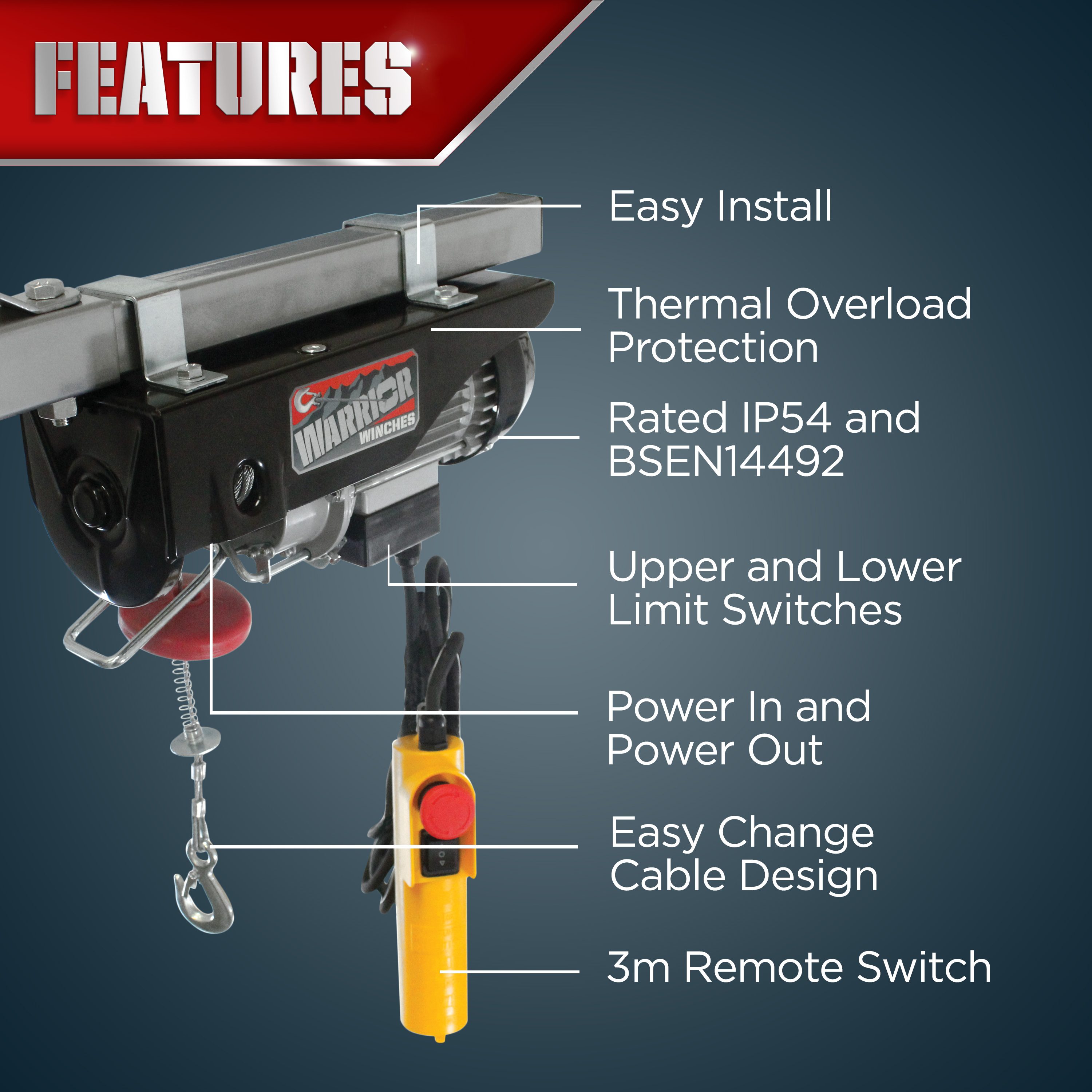 Electric Lifting Winch Warrior Winches 250kg IP54 - 230V - 8