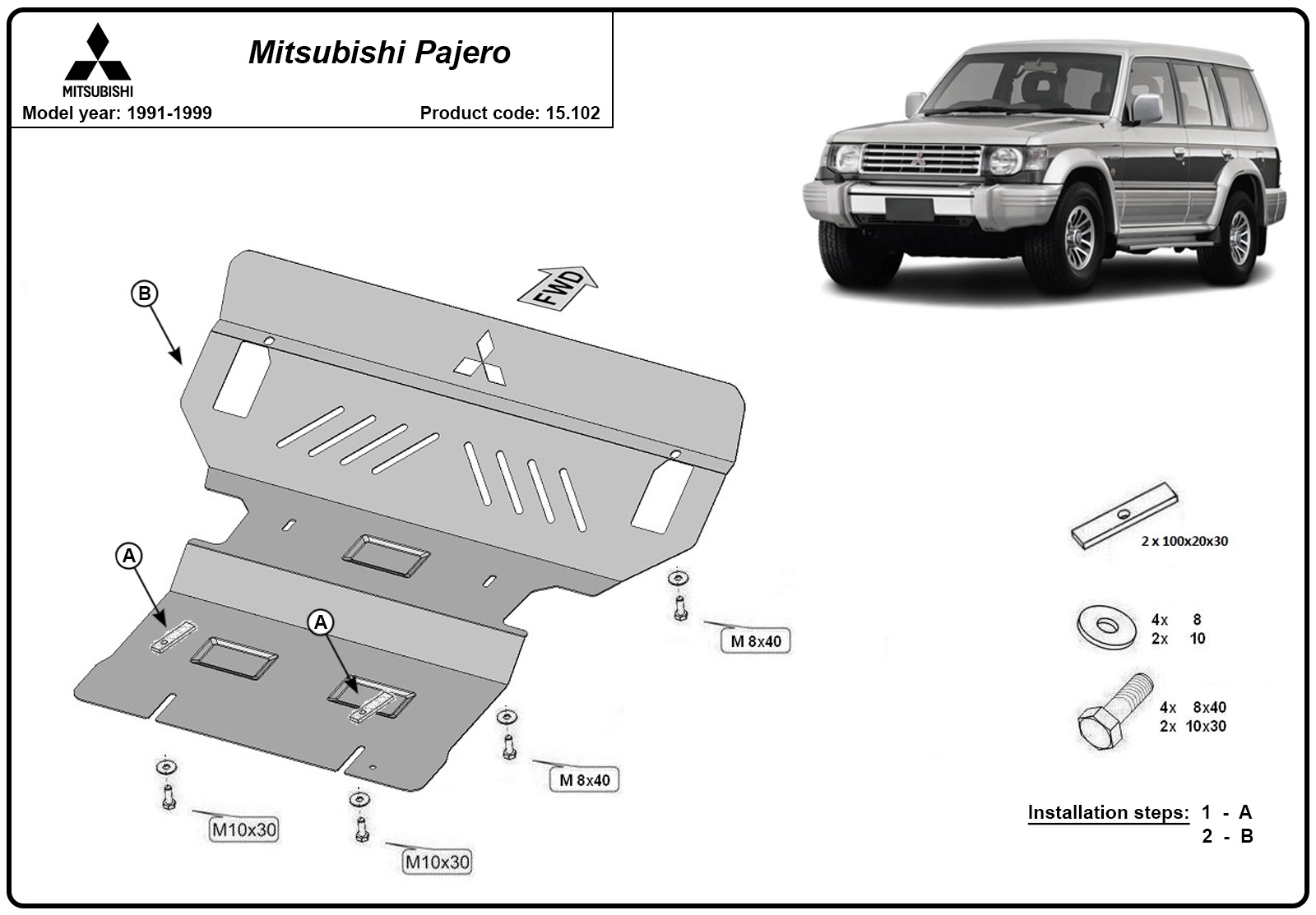 Proteção inferior em aço Motor+ | Mitsubishi Pajero 3 (V60, V70) (1999-2007) - 3
