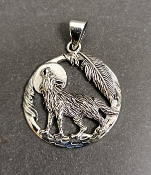 Varg med Måne /Fjäder hänge i Silver 