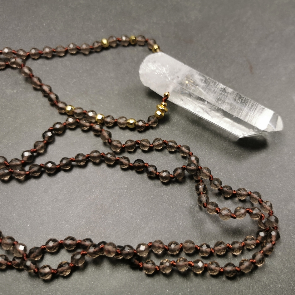 Bergkristall Mala med 4mm Pärlor - Rökkvarts
