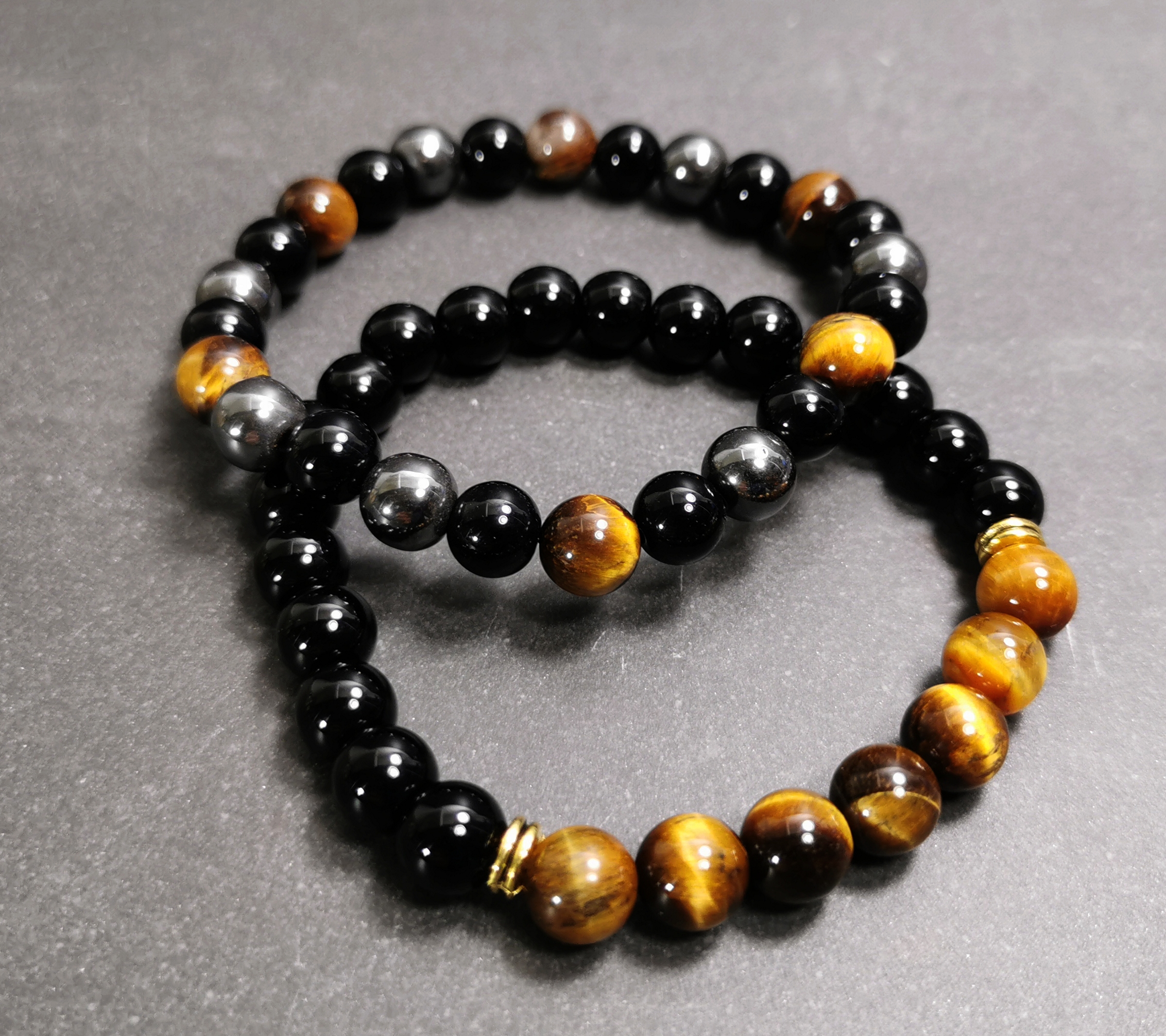 Svart Onyx, Tigeröga och  Hematit Armband  - 8mm  - 2