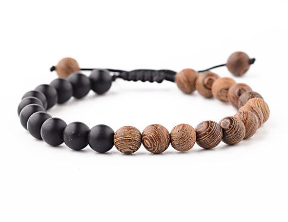 Matt Svart onyx  och Zebra Trä Armband - 8 mm Pärlor