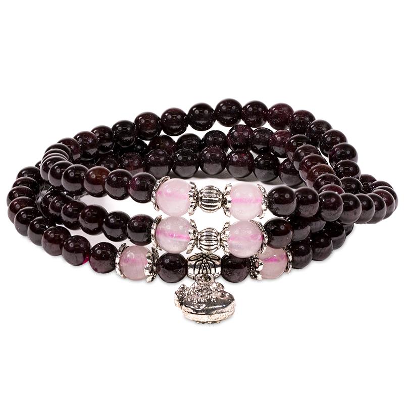 Granat/Rosenkvarts  Armband med Lycka Symbol - 3 varv