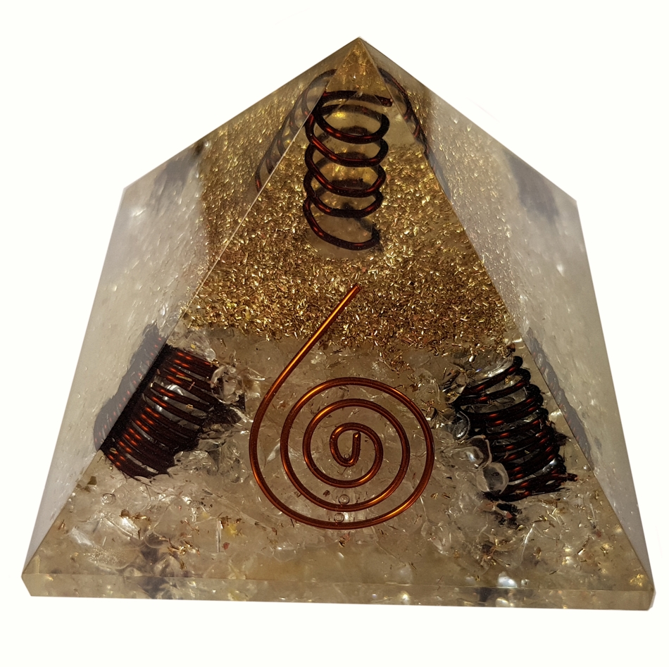 Orgonite Pyramid - Bergkristall med Bergkristall Spets + 4 Extra Spiral - Mörk koppar