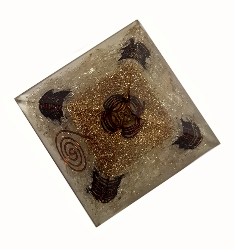 Orgonite Pyramid - Bergkristall med Bergkristall Spets + 4 Extra Spiral - Mörk koppar - 2