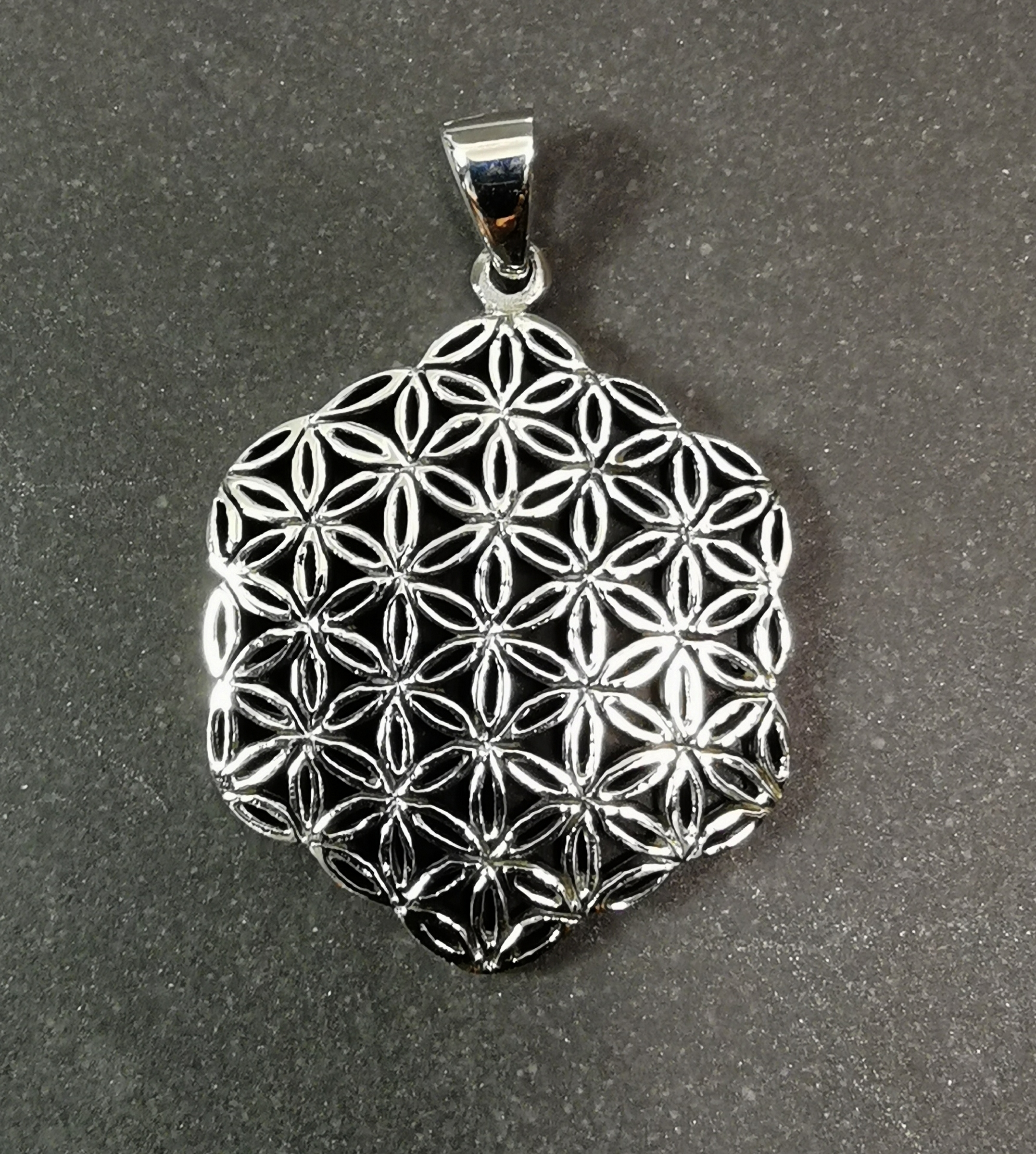 Hexagon Livets blomma  Hänge i Silver, Många blad- - 42mm