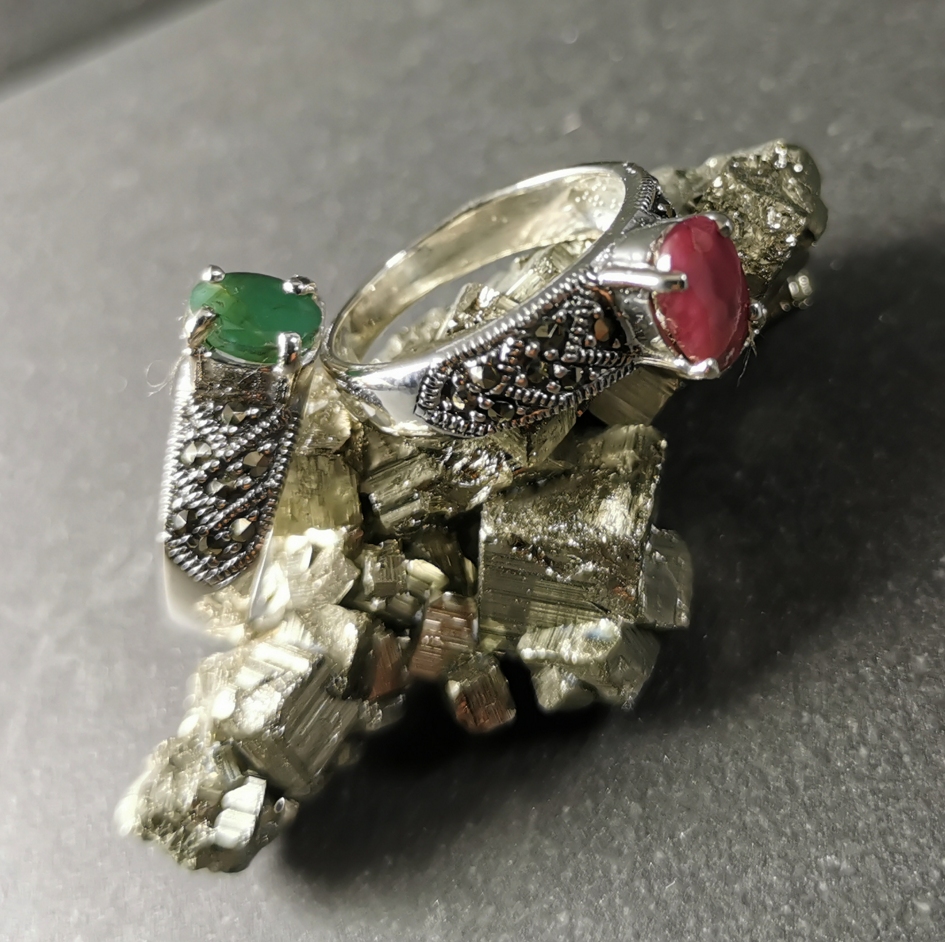 Markasit Silverring med Smaragd eller Rubin - 2