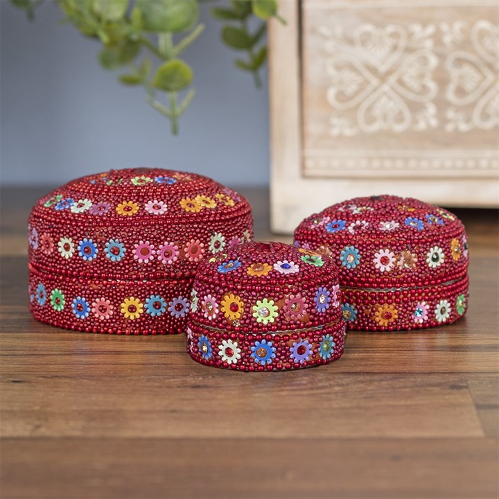 Rund rött Skrin med blommor motiv - 2