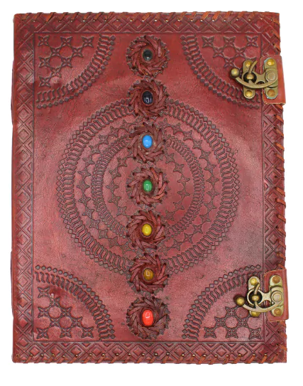 Dagbok /Journal  läder -Mandala, Brun  - Chakra -7 stenar  - 33cm