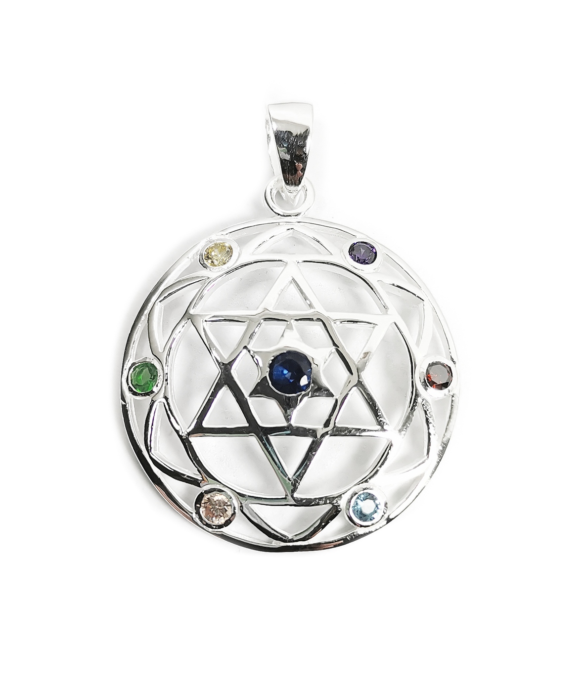 Shatkona / Hexagram (Davidsstjärna )  med Zirkonkristaller Hänge  i Äkta Silver - 2