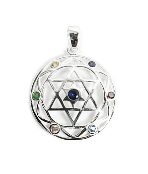 Shatkona / Hexagram (Davidsstjärna )  med Zirkonkristaller Hänge  i Äkta Silver