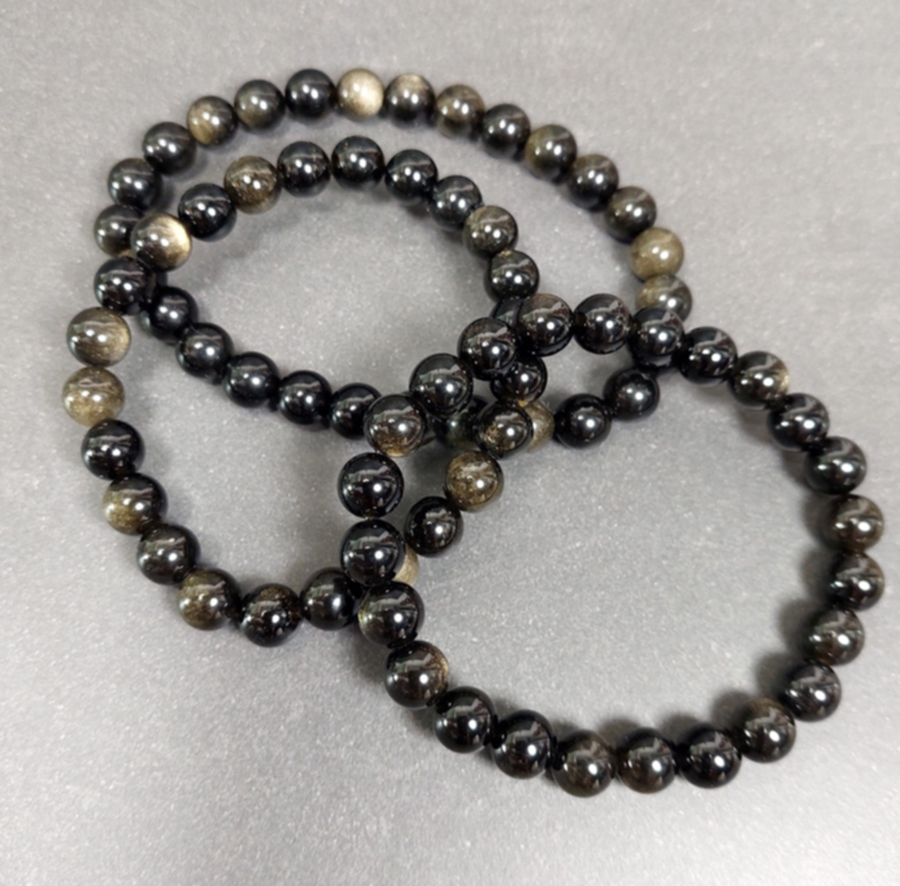 Guld Obsidian Armband, 8mm Pärlor - 19cm