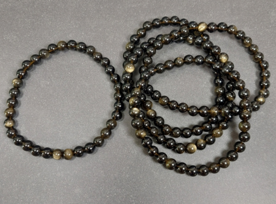 Guld Obsidian Armband, 8mm Pärlor - 19cm - 2