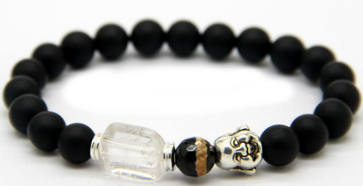 Happy Buddha Armband - Svart Agat / Kvarts / Pärla