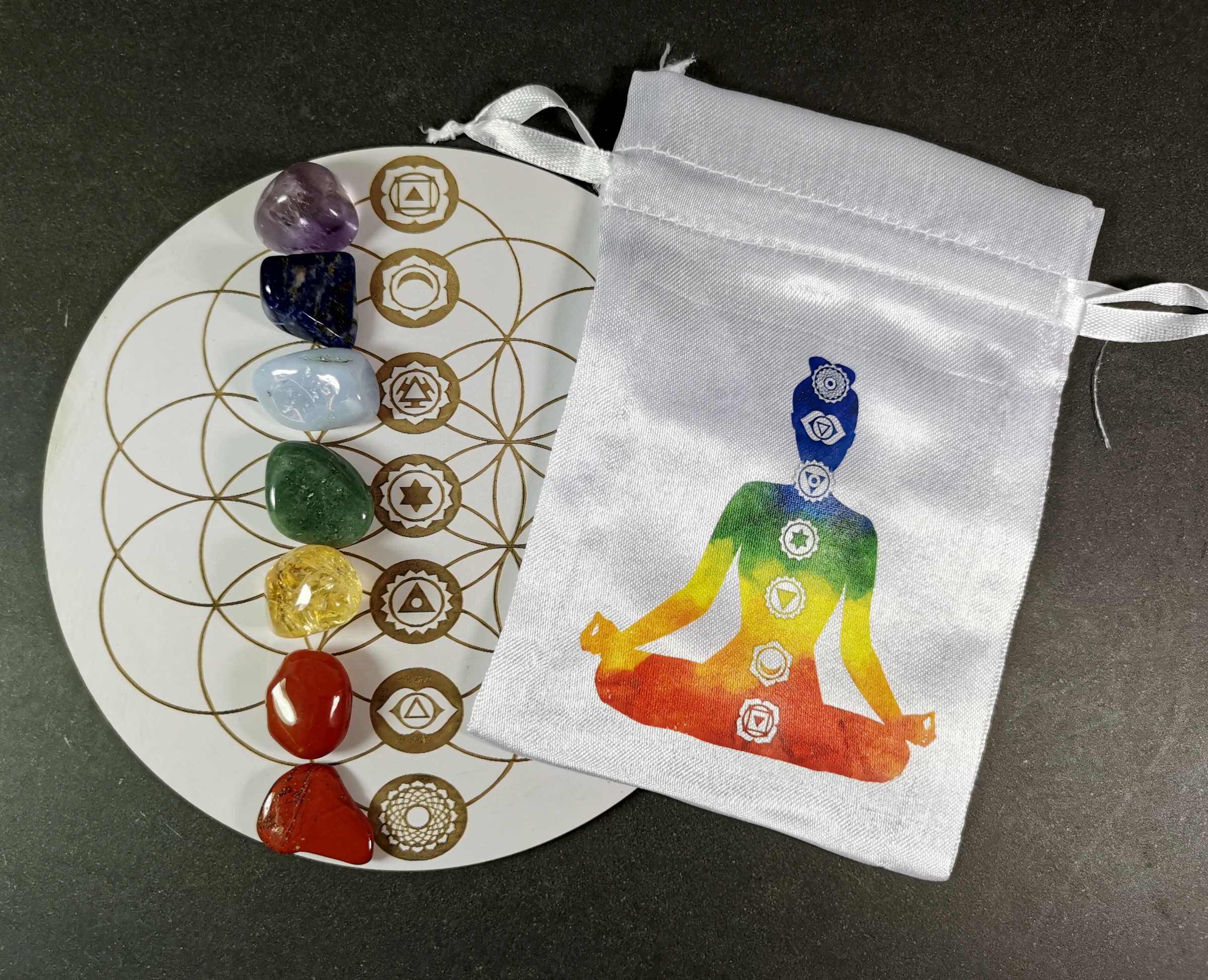 Chakra Set med Kristallnät /Kristall Grid Platta - 21cm - 2