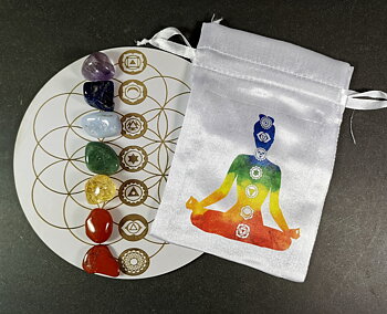 Chakra Set med Kristallnät /Kristall Grid Platta - 21cm