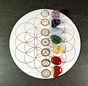 Chakra Set med Kristallnät /Kristall Grid Platta - 21cm