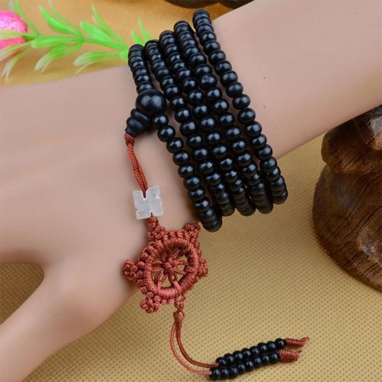 Mala Armband / Halsband  - Naturträ med Jade Lycka Symbol - 2