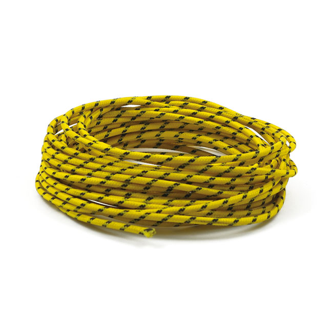 KABEL "CLASSIC" MED OMSPUNNEN GUL/VIT TEXTIL, 3 MM.  UTVÄNDIG. 7,62 METER LÅNG.