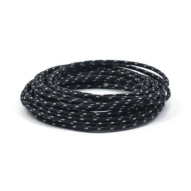 KABEL "CLASSIC" MED OMSPUNNEN SVART/VIT TEXTIL, 3 MM.  UTVÄNDIG. 7,62 METER LÅNG.