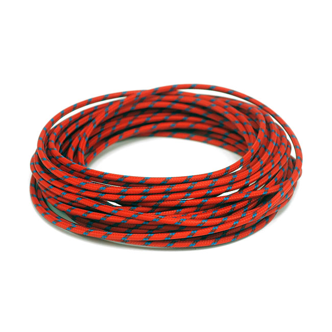 KABEL "CLASSIC" MED OMSPUNNEN RÖD / BLÅ TEXTIL, 3 MM.  UTVÄNDIG. 7,62 METER LÅNG.