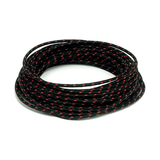 KABEL "CLASSIC" MED OMSPUNNEN SVART / RÖD TEXTIL, 3 MM.  UTVÄNDIG. 7,62 METER LÅNG.