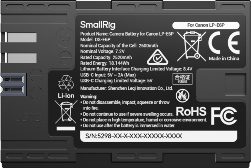 SmallRig 5298 USB-C Camera Battery with Power Display for Canon LP-E6P - 6