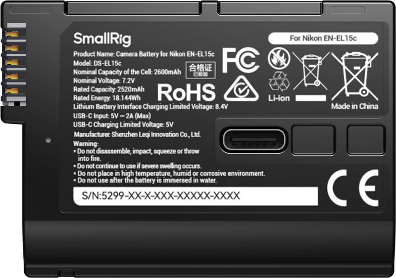 SmallRig 5299 USB-C Camera Battery with Power Display for Nikon EN-EL15c - 6