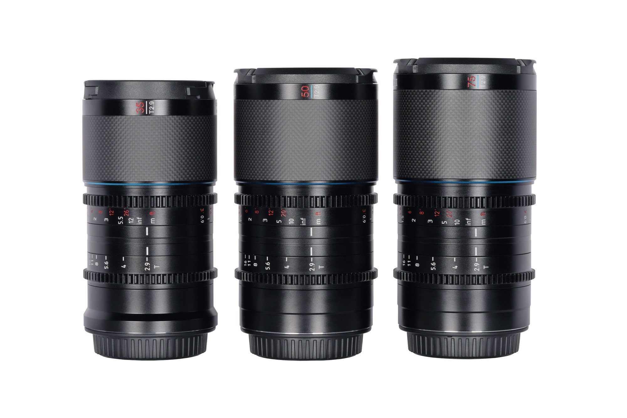 SIRUI Saturn 1.6x Carbon Fiber Full-frame Anamorphic Lens Set L Mount (35mm, 50mm, &75mm, Blue Flare)