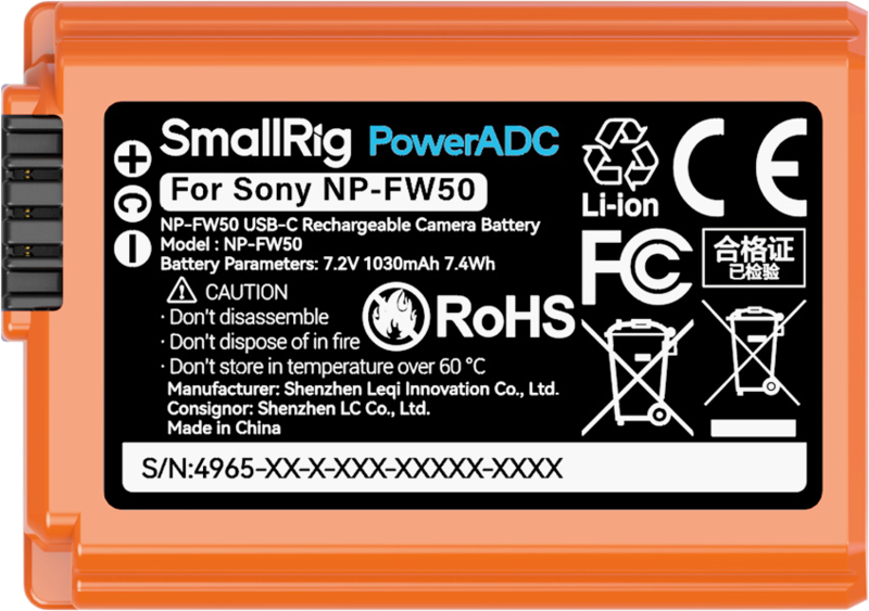 SmallRig 4965 NP-FW50 USB-C Rechargeable Camera Battery Orange - 4