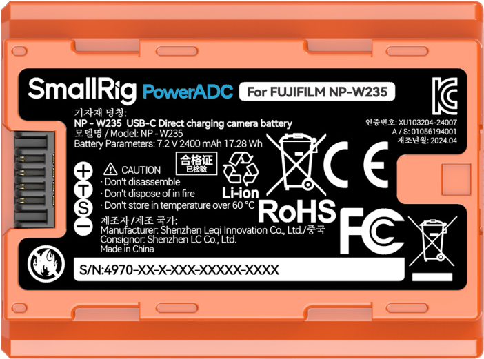 SmallRig 4970 NP-W235 USB-C Rechargeable Camera Battery Orange - 3