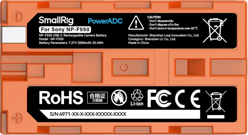 SmallRig 4971 NP-F550 USB-C Rechargeable Camera Battery Orange - 3