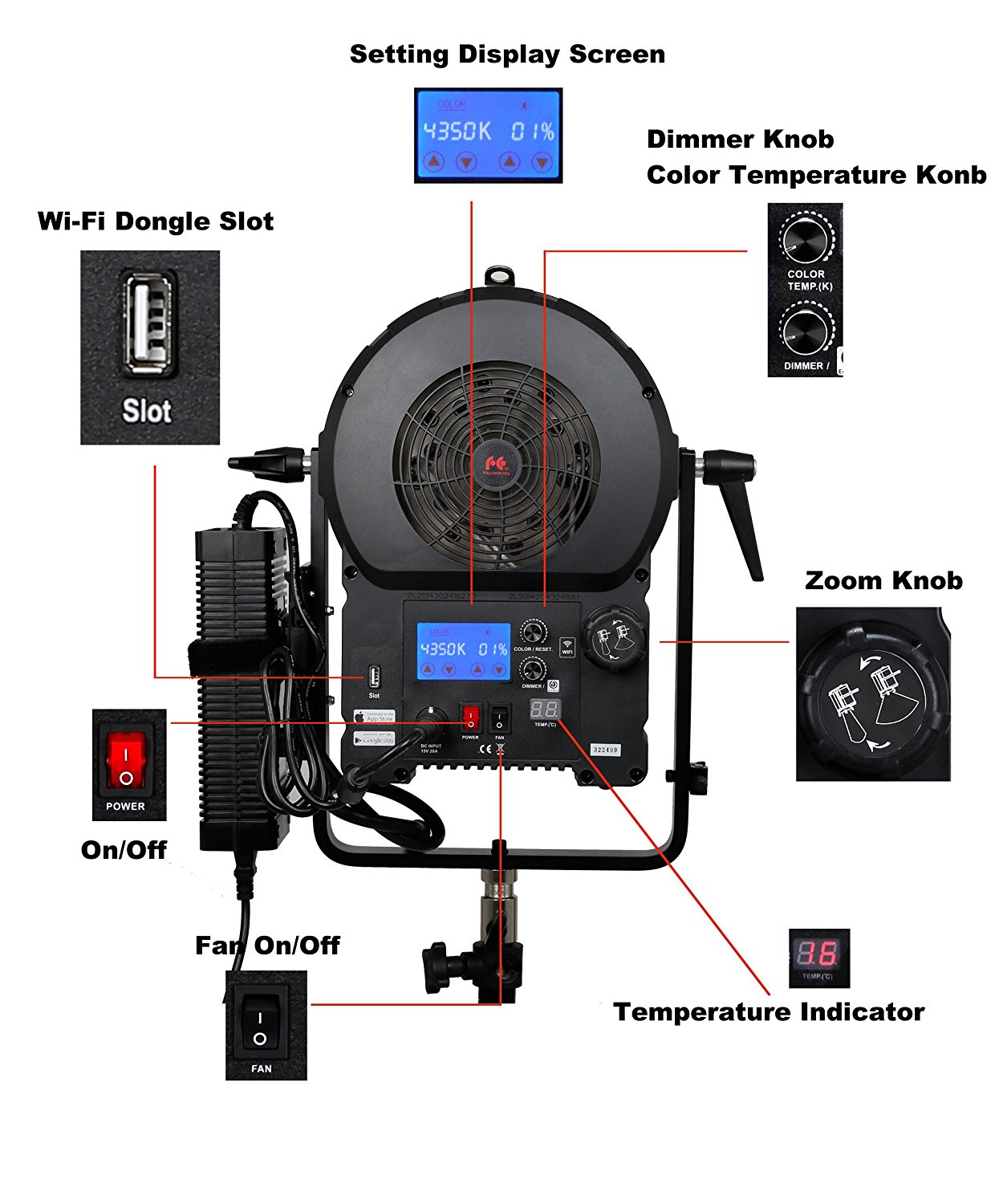Fresnel Led videolight Bi-Color DLL-3000TW 300w - 3