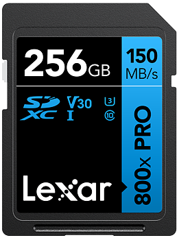 Lexar SDXC 800x Pro UHS-I cards, C10 (V30) U3, R150/W45, 256GB