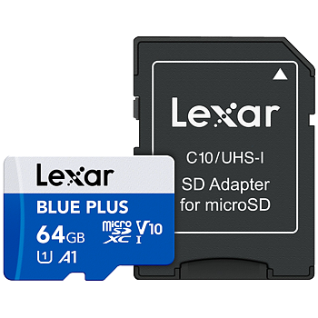 Lexar microSDHC Blue Plus UHS-I with SD adapter, up to 100MB/s read  C10/A1/U3 (V30) 64GB