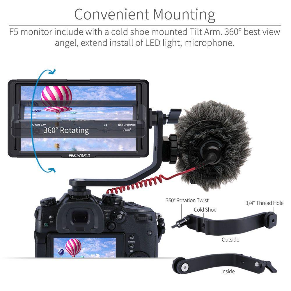Feelworld F5  5" 4K HDMI camera monitor with powerOption and Swivel Tilt Arm - 14