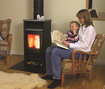 Hybridkamin, EcoTec Tyr Pellets- och ved- kamin,  inklusive sidomatat förråd.