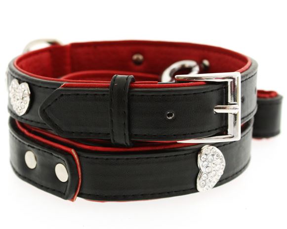 Hundhalsband + koppel - Svart + Röttläder och strassdetaljer
