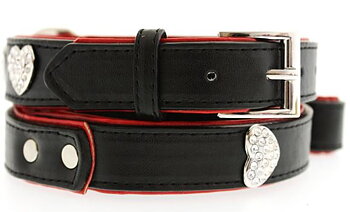 Hundhalsband + koppel - Svart + Röttläder och strassdetaljer
