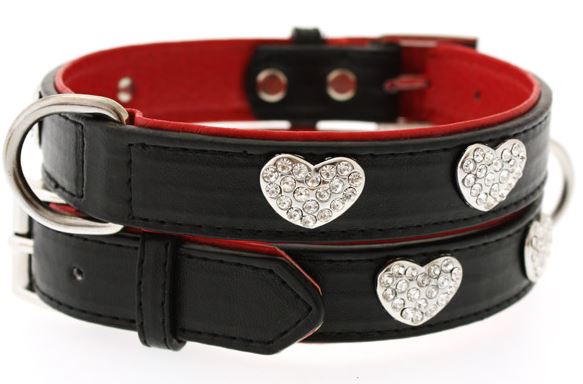 Hundhalsband + koppel - Svart + Röttläder och strassdetaljer - 3