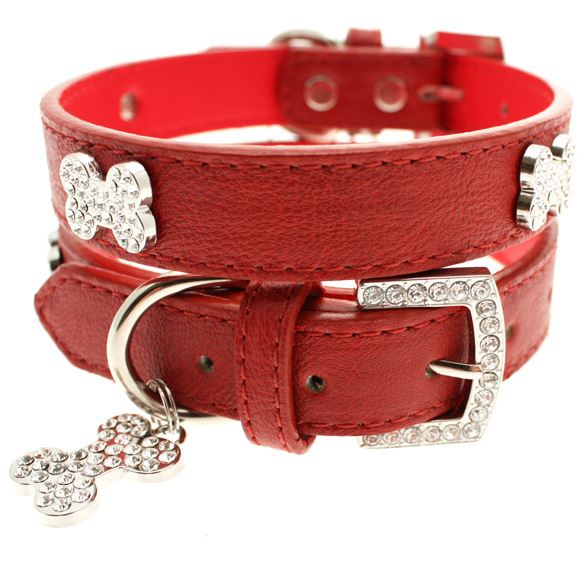 Hundhalsband + koppel - Rött läder med strassdetaljer - 2