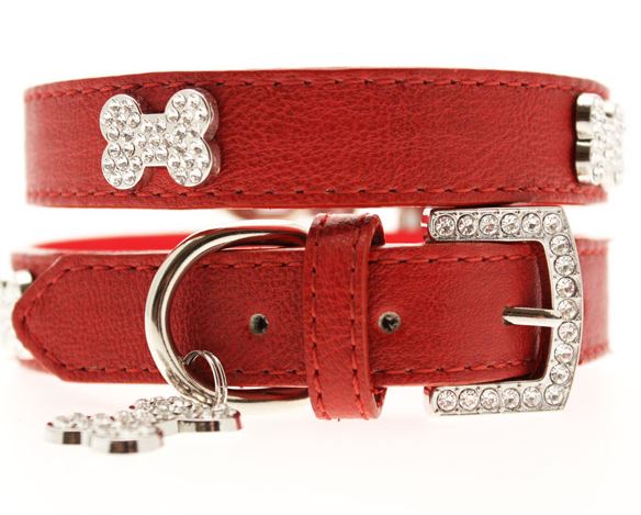 Hundhalsband + koppel - Rött läder med strassdetaljer - 3