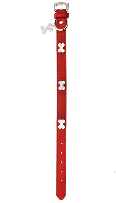 Hundhalsband + koppel - Rött läder med strassdetaljer - 7