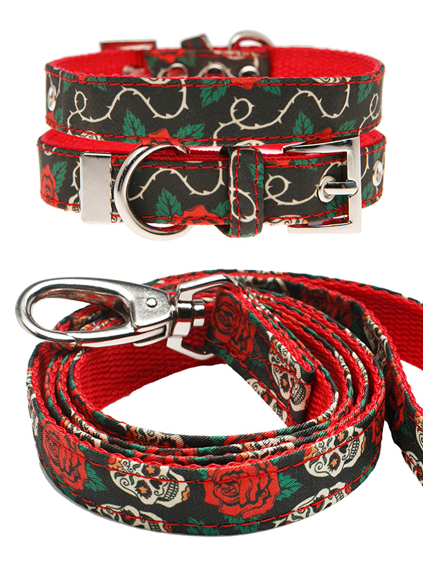 Hundkoppel och hundhalsband - Döskalle och rosor - 