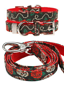 Hundkoppel och hundhalsband - Döskalle och rosor - 