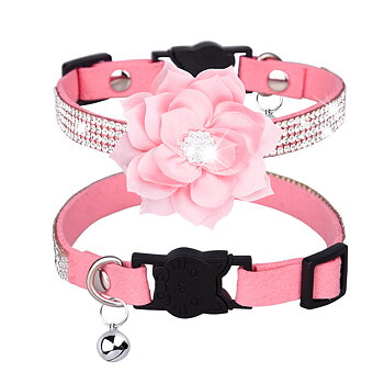 Katthalsband strass och blomma Rosa