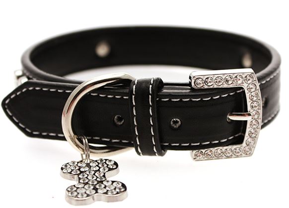 Hundhalsband + koppel - Svart läder med strassdetaljer - 5