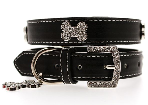 Hundhalsband + koppel - Svart läder med strassdetaljer - 4