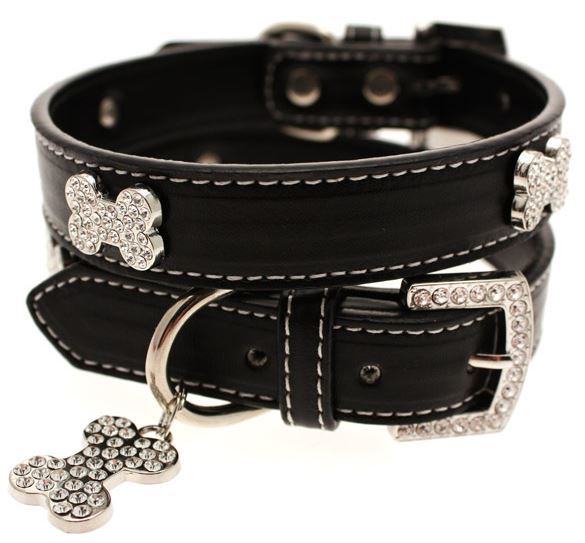 Hundhalsband + koppel - Svart läder med strassdetaljer - 3
