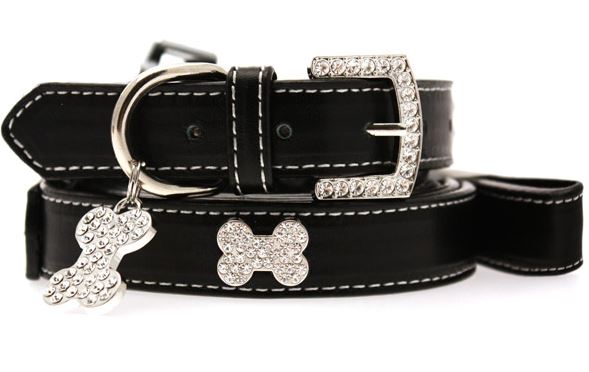 Hundhalsband + koppel - Svart läder med strassdetaljer - 2